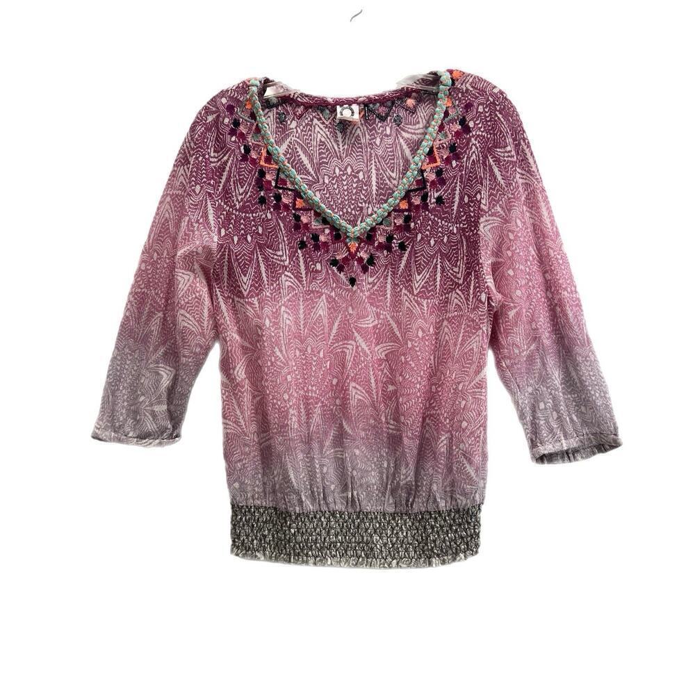 Anthropologie Akemi + Kin Semi Sheer Top M Pink Embroidered Boho Hippie Smocked